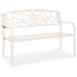 Best Choice Products Outdoor Bench Steel Garden Patio Porch Furniture for Lawn, Park, Deck w/Floral Design Backrest, Slatted Seat - White Best Choice Products