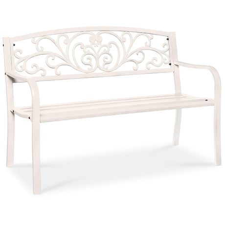 Best Choice Products Outdoor Bench Steel Garden Patio Porch Furniture for Lawn, Park, Deck w/Floral Design Backrest, Slatted Seat - White Best Choice Products