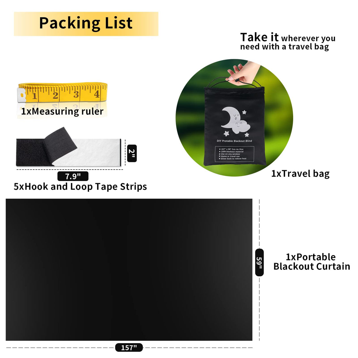 Vanten 2025 Upgraded Blackout Curtains, 157"x59" Blackout Shades,100% Blackout Window Shades with Strong Hook &, Loop Tapes, Temporary Blinds for Baby Nursery, Bedroom, Travel, Cars Vanten