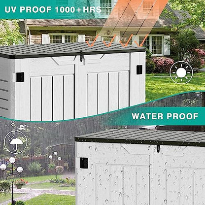 Greesum Outdoor Horizontal Resin Storage Sheds 34 Cu. Ft. Weather Resistant Resin Tool Shed, Extra Large Capacity Weather Resistant Box for Bike, Garbage Cans, Lawnmowe, Without Divider, White