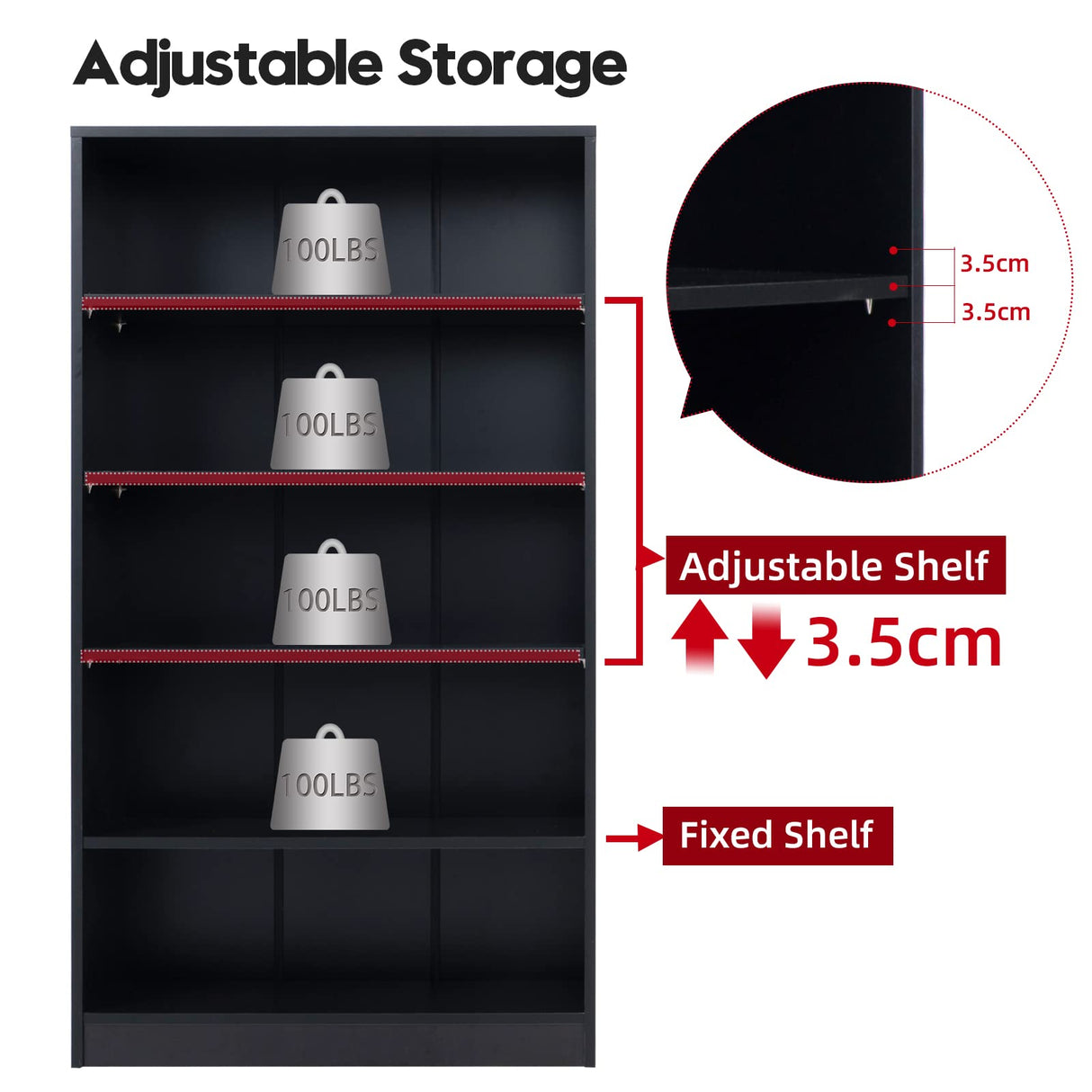 Sunon Wood Bookcase 5-Shelf Freestanding Display Wooden Bookshelf for Home Office School (11.6'' D*33'' W*59.8'' H,Black) Sunon