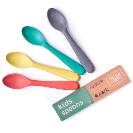 GET FRESH Bamboo Kids Spoons Set – 4-pack Colorful Bamboo Kids Cutlery for Everyday Use – Reusable Bamboo Fiber Kids Spoons for Baby Feeding – Large Bamboo Utensils for Toddlers and School Children GET FRESH