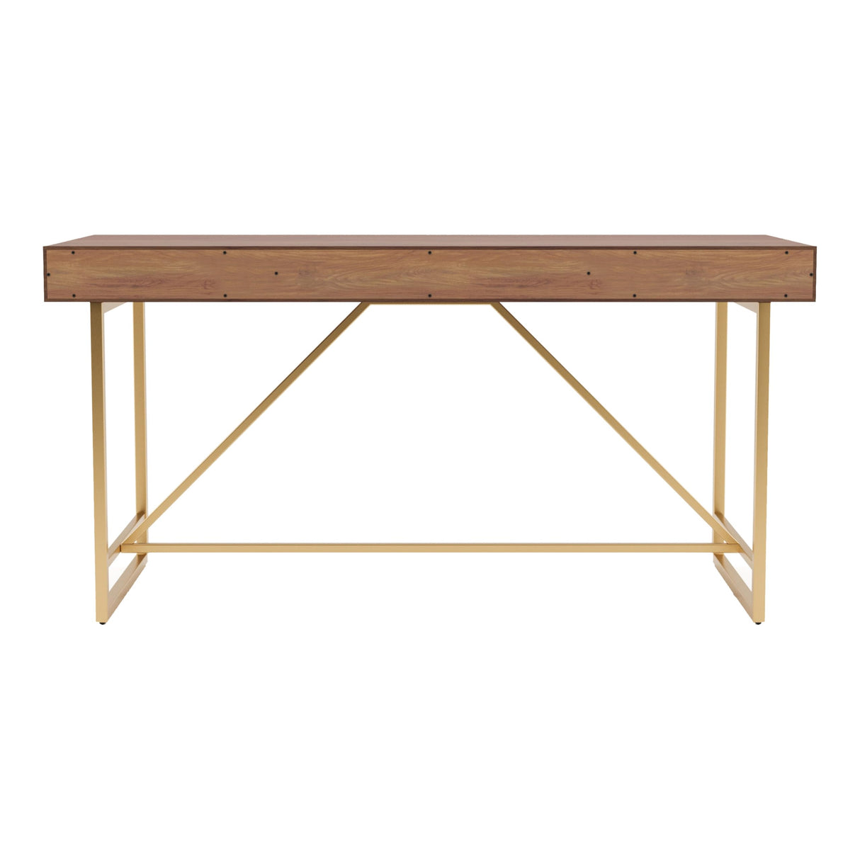 Homes: Inside + Out Lizon Modern 60 Inch Wood Desk With Drawers, Office Table With Storage, Vanity Without Mirror For Bedroom, Study Room, Dorm, Light Walnut Brown & Gold HOMES: INSIDE + OUT