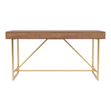 Homes: Inside + Out Lizon Modern 60 Inch Wood Desk With Drawers, Office Table With Storage, Vanity Without Mirror For Bedroom, Study Room, Dorm, Light Walnut Brown & Gold HOMES: INSIDE + OUT