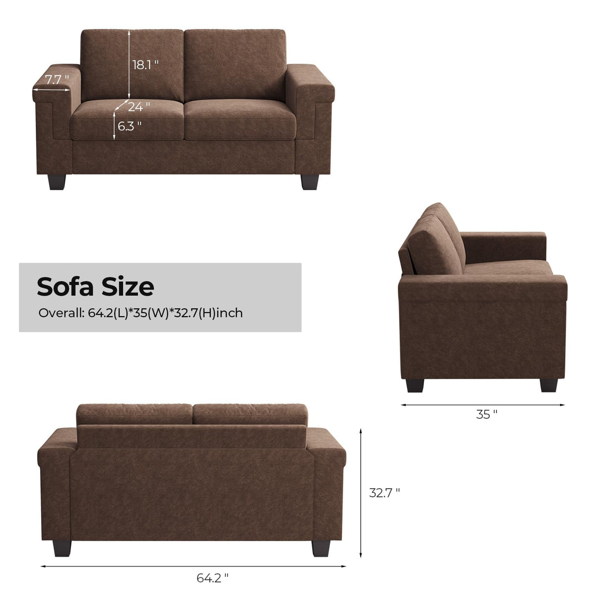 COPIAE 2 Seater Sofa Couch with Deep Seat, 64" Modern Upholstered Loveseat Sofa with Armrests, Easy Installation, Comfy Couches for Living Room, Apartment,Dark Brown COPIAE