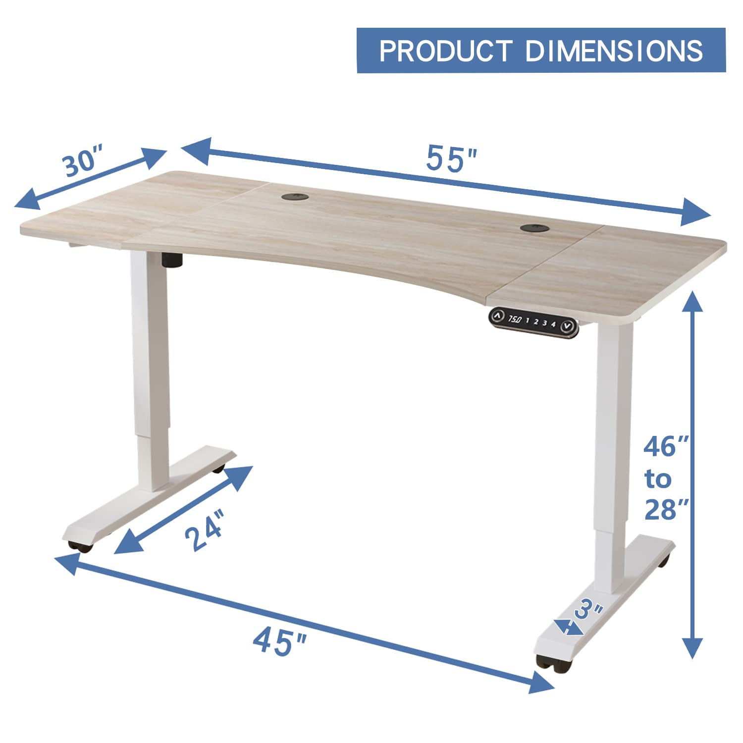 bilbil Electric Standing Desk 55 x 30 Inches, Height Adjustable Sit Stand Desk with Splice Board, Casters with Brake, White Frame/Oak and White Top - WoodArtSupply