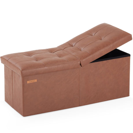 HAUSFRAU 31.5 Inches Ottoman with Storage Bench, Folding Ottoman Bench Small Foot Rest Stool, Bedroom Bench with Flipping Lid, Faux Leather Retro Brown HAUSFRAU