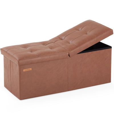 HAUSFRAU 31.5 Inches Ottoman with Storage Bench, Folding Ottoman Bench Small Foot Rest Stool, Bedroom Bench with Flipping Lid, Faux Leather Retro Brown