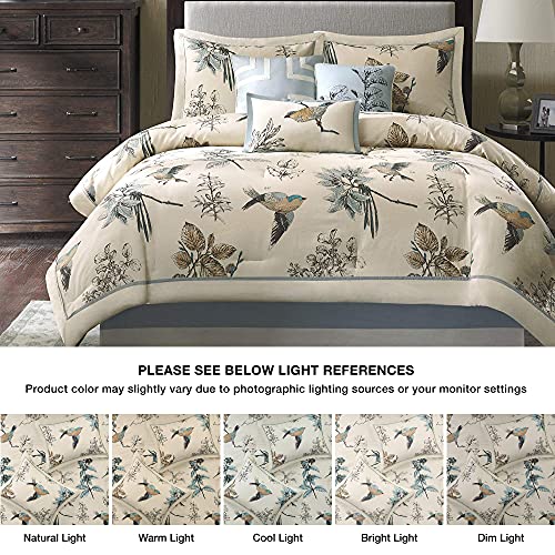 Madison Park Quincy Cozy Comforter Nature Scenery Design - All Season Bedding, Matching Bed Skirt, Decorative Pillows, Quincy, Leaf & Bird Khaki King(104"x92") 7 Piece