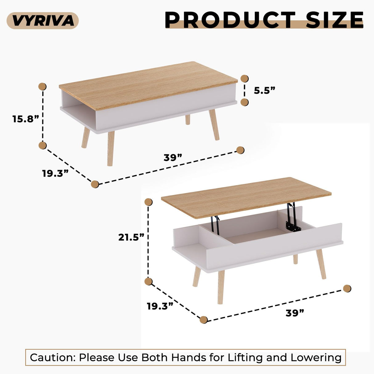 VYRIVA Lift Top Coffee Table, One Minute No Assembly Required Rising Tabletop Center Table with Large Hidden Storage Compartment, Open Shelf, Anti-Pinch Design Mute for Living Room (Oak) VYRIVA