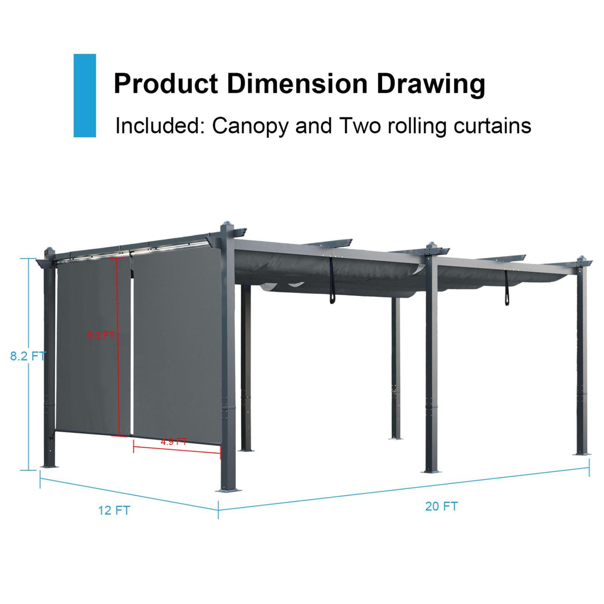 Aoodor 12 x 20 FT Outdoor Pergola with Retractable Shade Canopy, Dark Gray Matte Aluminum Frame, 2 Pieces Roller Shade Curtain, Grape Trellis Pergola for Patio Backyard and Deck - Charcoal Gray Aoodor