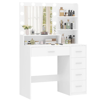 FIONESO Makeup Vanity Desk with Mirror, 10 Lights, 5 Drawers, 3 Storage Shelves, 3 Color Modes & Adjustable Brightness Dressing Table, 35.4” Desk, White