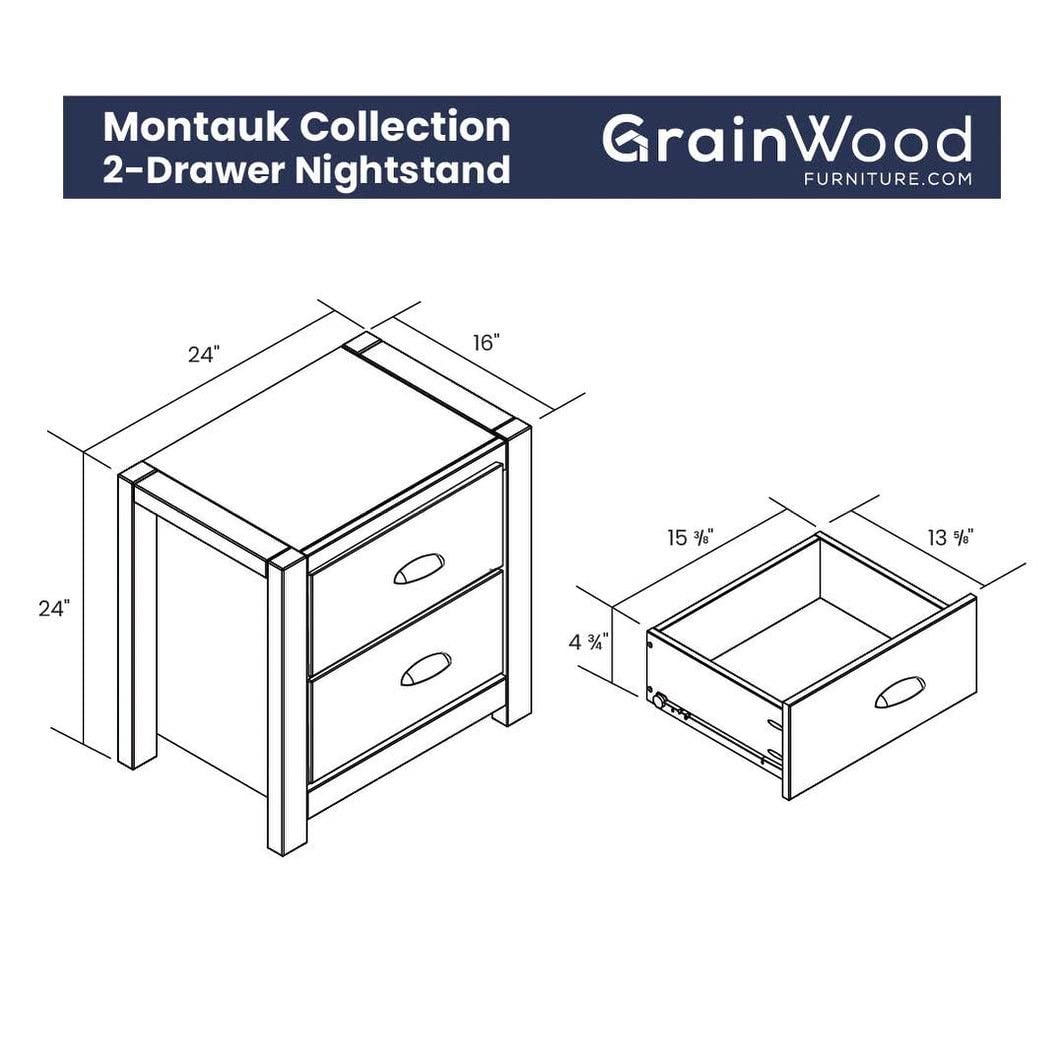 Grain Wood Furniture Montauk 2-Drawer Bedside Nightstand, Solid Wood with Farmhouse Black Finish - WoodArtSupply