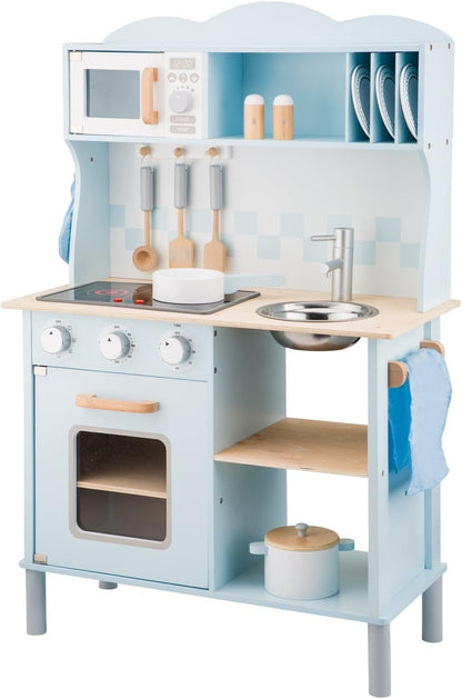 New Classic Toys Blue Wooden Pretend Play Toy Kitchen for Kids with Role Play Bon Appetit Electric Cooking Included Accesoires Makes Sound - WoodArtSupply