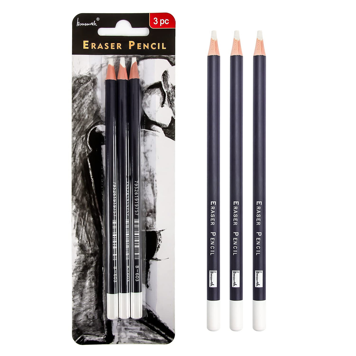Brusarth 3pc Eraser Set - Fine Detail Eraser for Sketching, Charcoal Drawings & Colored Pencils Brusarth
