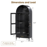 VEXPOR 73In Tall Metal Arched Cabinet, Arched Display Pantry Cabinet with Glass Door, Modern Farmhouse Bookcase with 1 Drawer and 2 Adjustable Shelves for Living Room, Black, Assembly Required VEXPOR