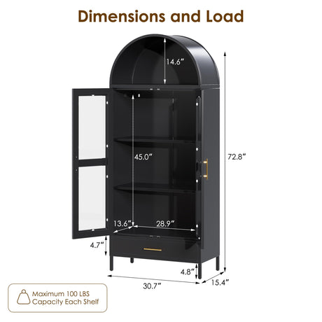 VEXPOR 73In Tall Metal Arched Cabinet, Arched Display Pantry Cabinet with Glass Door, Modern Farmhouse Bookcase with 1 Drawer and 2 Adjustable Shelves for Living Room, Black, Assembly Required VEXPOR