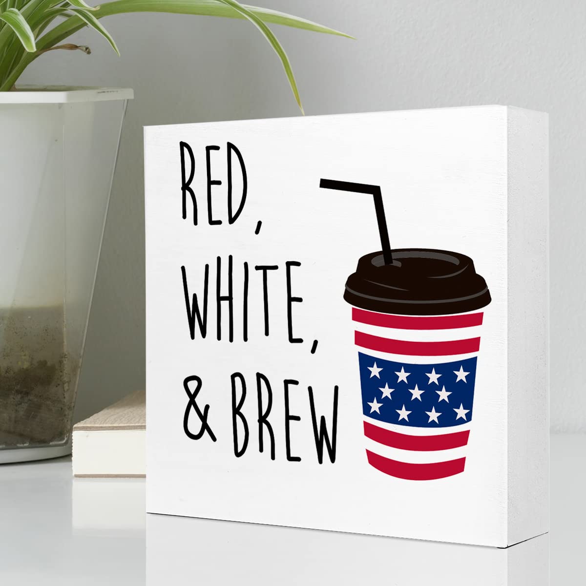 Funny Red White and Brew American Flag Coffee Patriotic Wooden Plaque Sign Desk Decor,Retro 4th of July Wood Block Sign Desk Decorations for Home Bedroom Living Room Office Shelf Table Decor Ruvoty