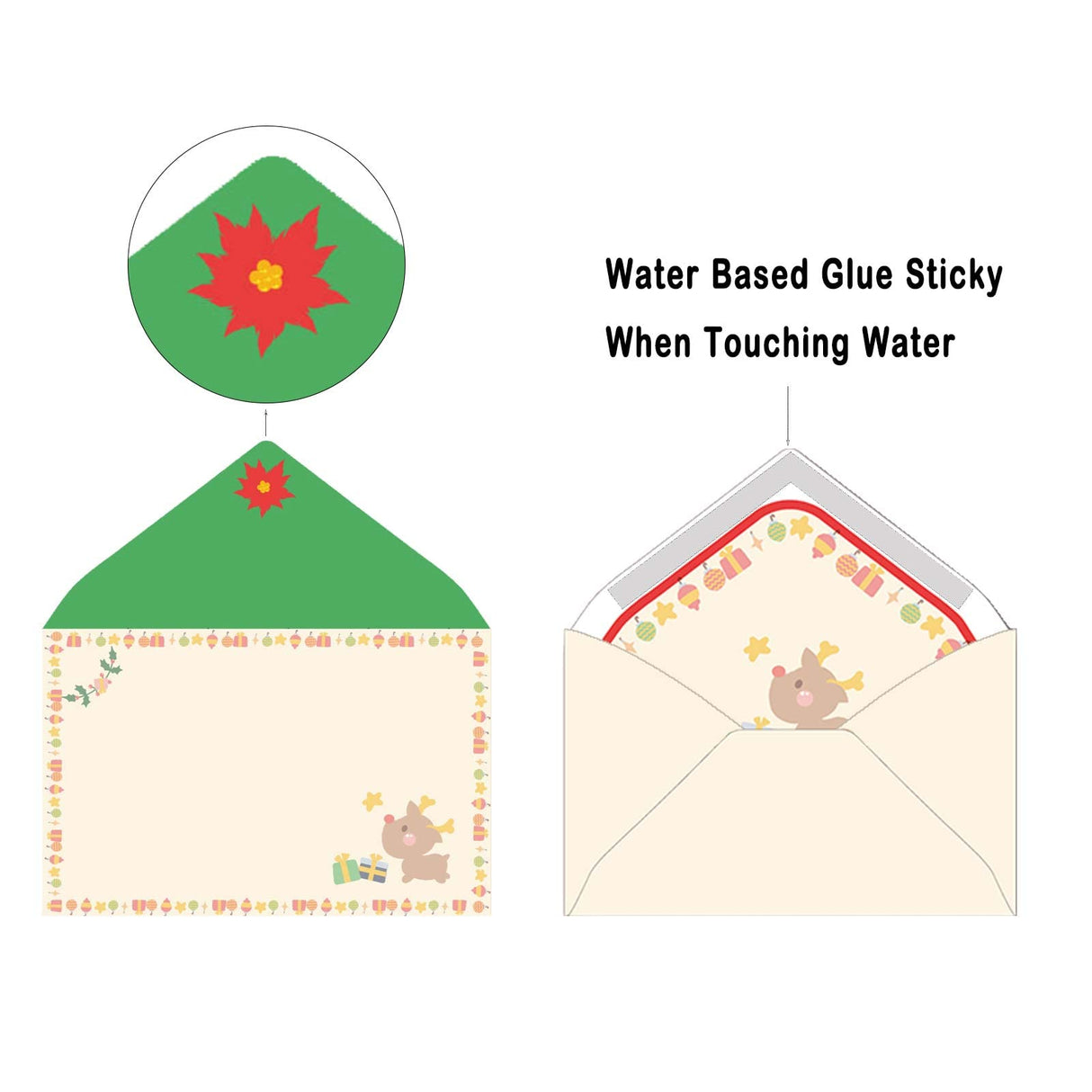 SCStyle Christmas Stationary Paper and Envelopes Set 72Pcs(48Sheets Christmas Letter Paper+24Pcs Christmas Cute Envelopes) With Water-Based Adhesive,4 Styles Christmas Design Stationary Set(S4) SCStyle