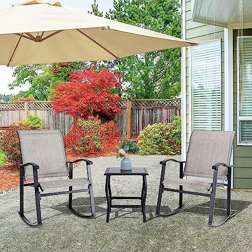 Vongrasig 3 Piece Outdoor Rocking Bistro Set, Textilene Fabric Small Patio Furniture Set, Front Porch Rocker Chairs Conversation Set with Glass Table for Lawn, Garden, Balcony, Poolside (Taupe) Vongrasig