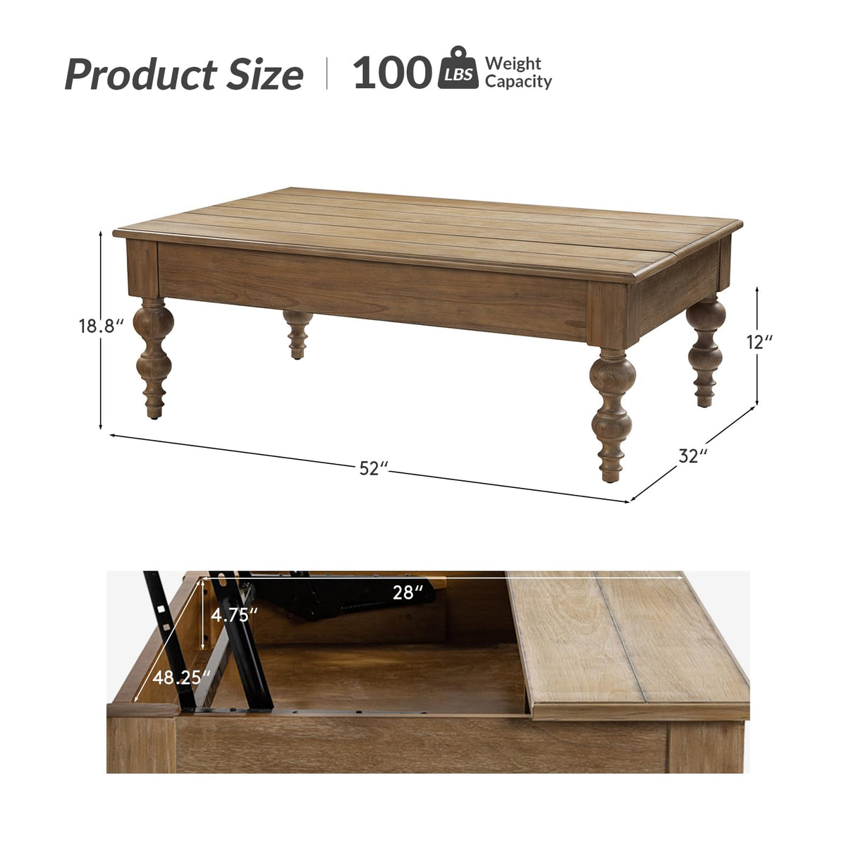 HULALA HOME Wood Lift Top Coffee Table with Storage, Farmhouse Convertible Dining Table for Living Room, Large Rectangle Rustic Central Table with Hidden Compartment, Acorn HULALA HOME