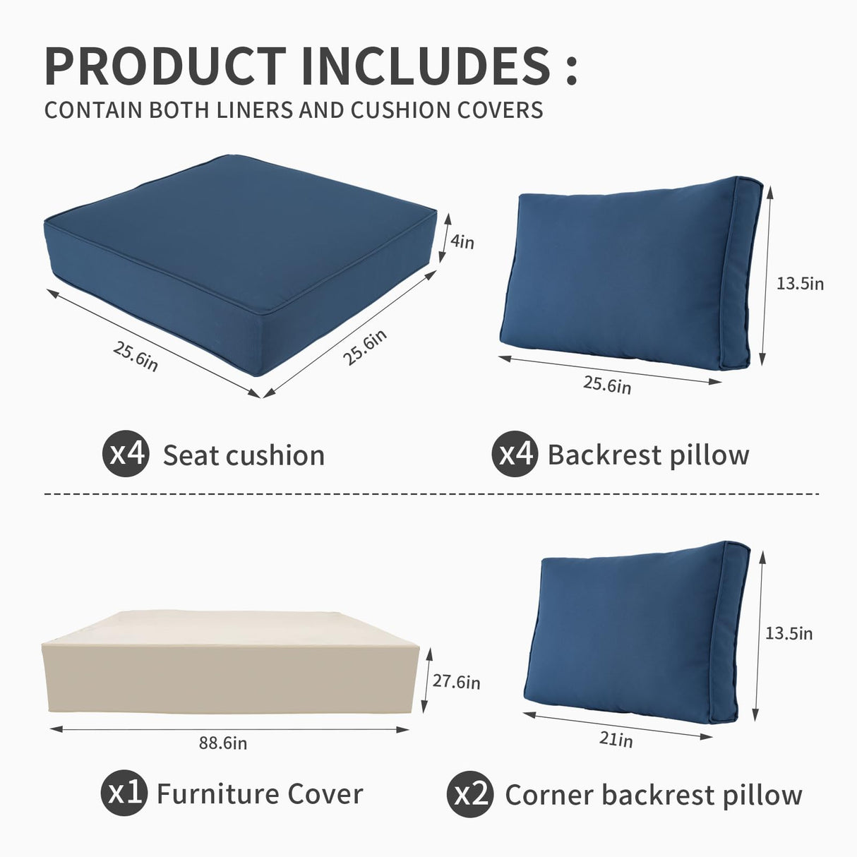 Valita Outdoor Furniture Replacement Cushions, Fits 4-seat Sectional Rattan Conversation Set, 10 Piece Patio Water-Resistant Replacement Sofa Cushions, Liner&Cover (Navy Blue) Valita
