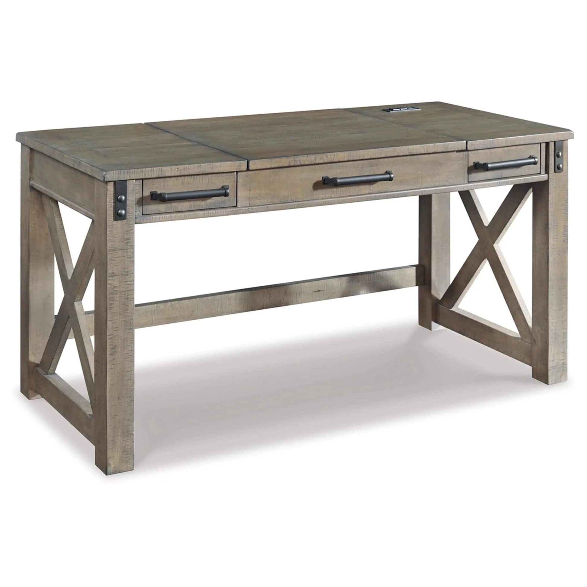 Signature Design by Ashley Aldwin Rustic Farmhouse 60" Home Office Lift Top Desk with Charging Ports, Distressed Gray - WoodArtSupply