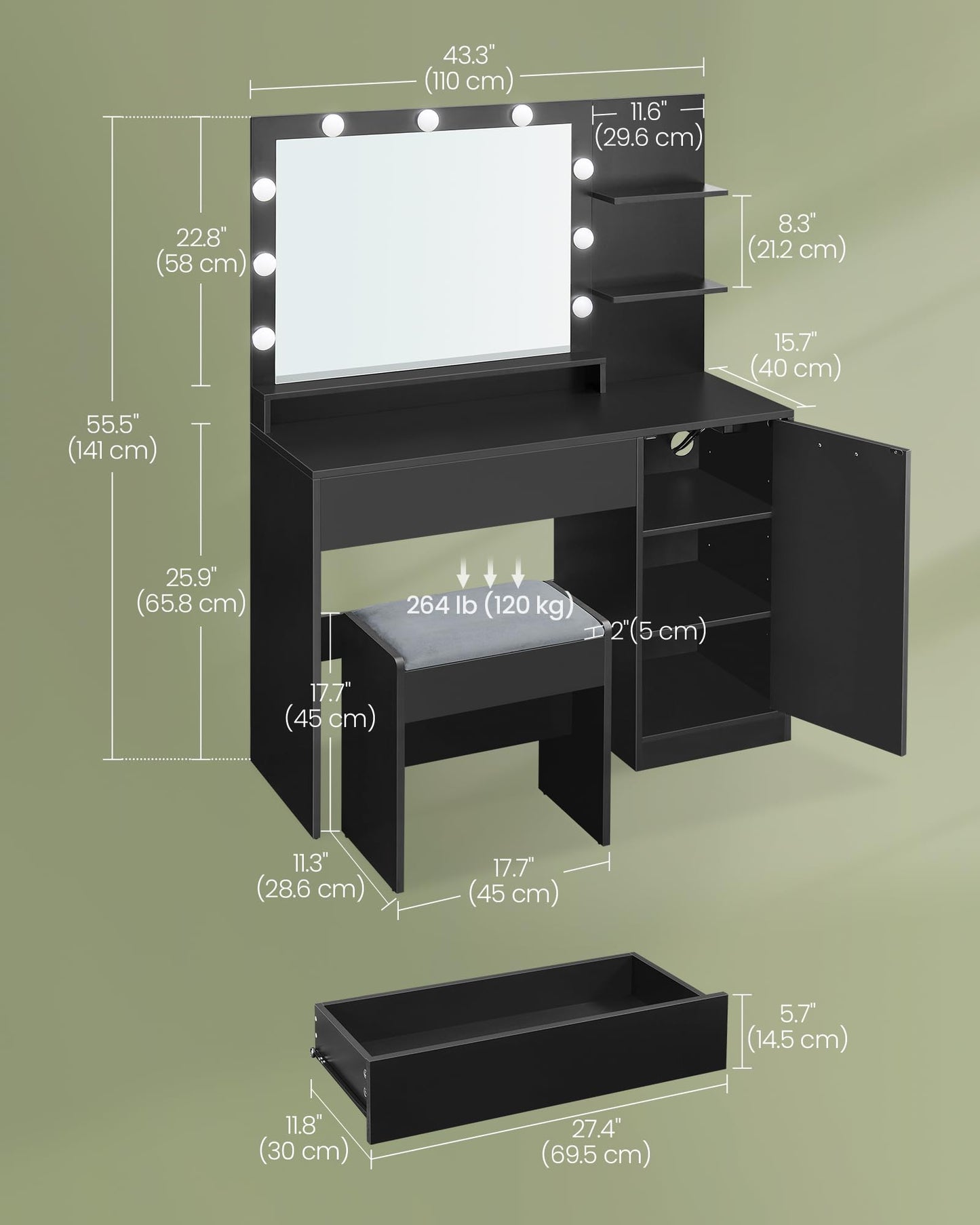 VASAGLE Vanity Desk with Mirror and Lights, 43.3-Inch Wide Makeup Vanity with Upholstered Vanity Stool, Power Outlets, Dimmable LED Lights, Storage Drawer, for Bedroom, Ink Black URDT628B01