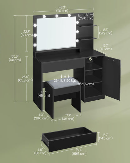 VASAGLE Vanity Desk with Mirror and Lights, 43.3-Inch Wide Makeup Vanity with Upholstered Vanity Stool, Power Outlets, Dimmable LED Lights, Storage Drawer, for Bedroom, Ink Black URDT628B01