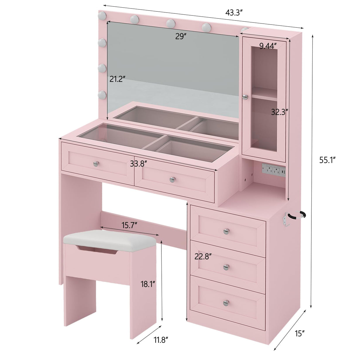 CollaredEagle 43" W Vanity Desk with Mirror & 11 Lights, 5 Drawer Modern Makeup Desk with Glass top & Cushioned Stool, 3 Lighting Modes Brightness Adjustable,Power Outlet,Bedroom，Pink CollaredEagle