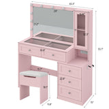CollaredEagle 43" W Vanity Desk with Mirror & 11 Lights, 5 Drawer Modern Makeup Desk with Glass top & Cushioned Stool, 3 Lighting Modes Brightness Adjustable,Power Outlet,Bedroom，Pink CollaredEagle