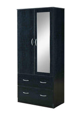 HODEDAH 2 Door Wood Wardrobe Bedroom Closet with Clothing Rod inside Cabinet, 2 Drawers for Storage and Mirror, Black Hodedah