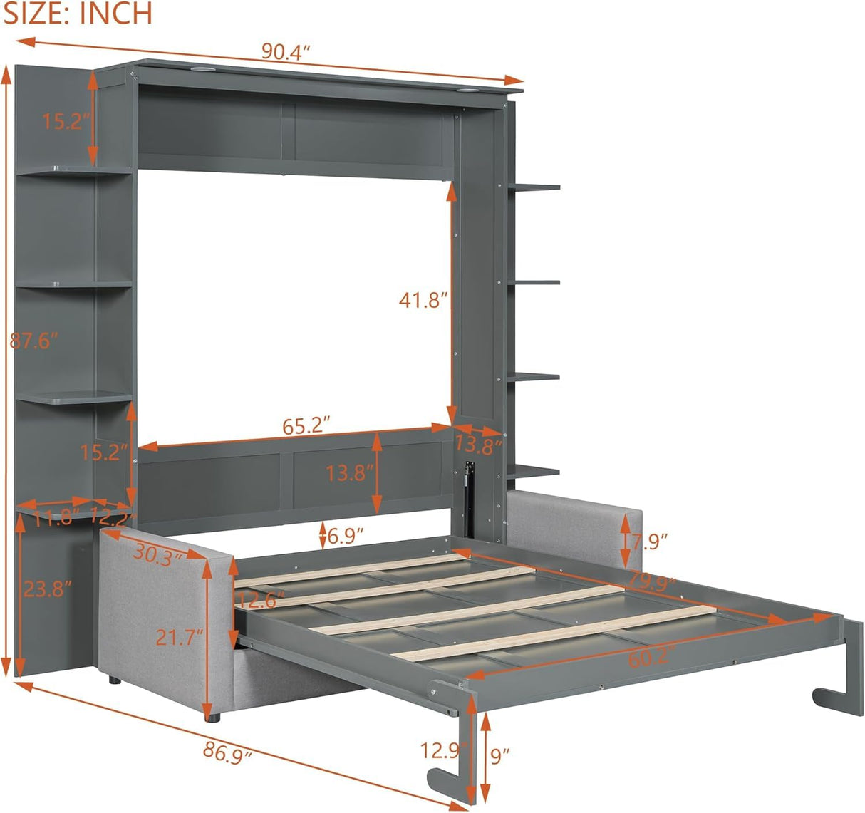 MERITLINE Queen Murphy Bed with Couch and Storage Shelves,Wood Murphy Bed Cabinet with Storage Shelves and Sofa,Fold up Bed Grey Murphy Wall Bed Queen Size MERITLINE
