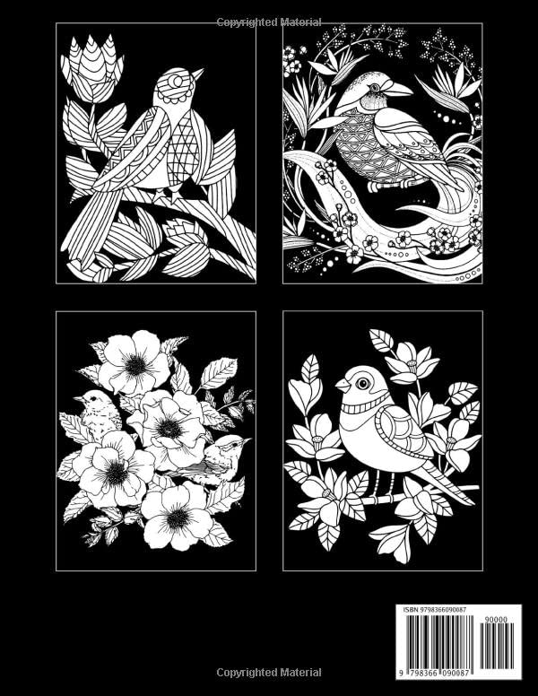Midnight Songbird Coloring Book: Easy Coloring Pages On Black Background With Cute Birds For All Ages To Relax And Unwind | Ideal Gift For Special Occasions Majosta