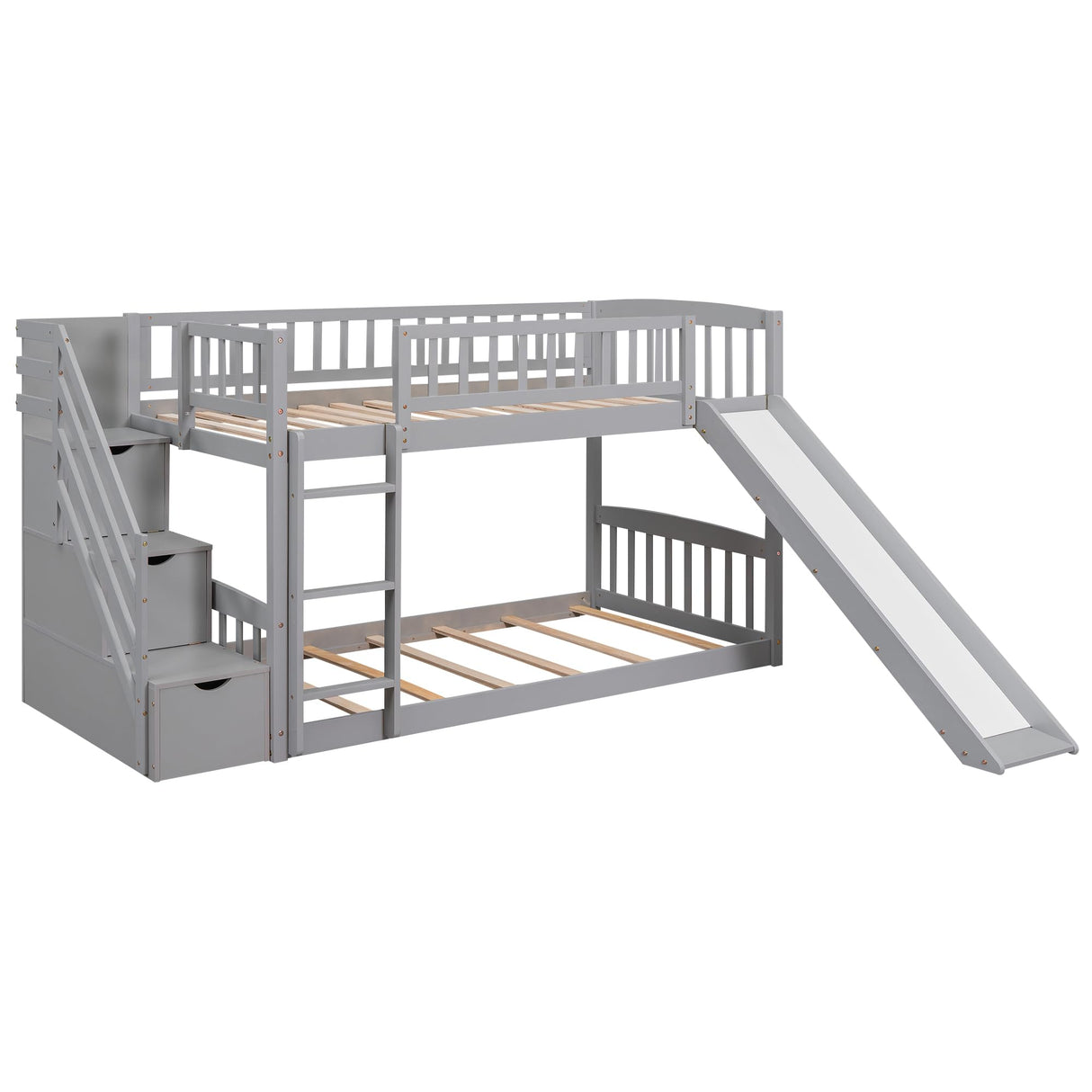 Twin Over Twin Bunk Beds with Slide, Low Bunk Bed Frame with Storage Drawers Stairway Wood Bunk Bed with Slide for Kids Boys Girls, Gray Finish Bellemave