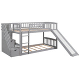 Twin Over Twin Bunk Beds with Slide, Low Bunk Bed Frame with Storage Drawers Stairway Wood Bunk Bed with Slide for Kids Boys Girls, Gray Finish Bellemave