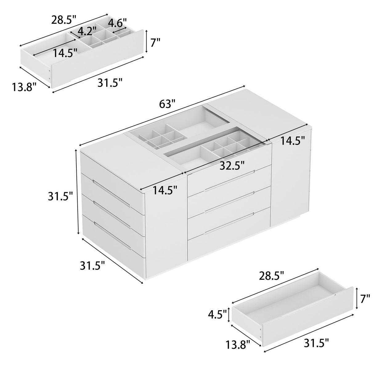 AGOTENI 63" W Closet Island with 16 Drawers, Glass Top & Lights, Modern Wooden Armoire Wardrobe Island with Drawer Organizers & Glossy Finish for Walk-in Closet Bedroom, White AGOTENI