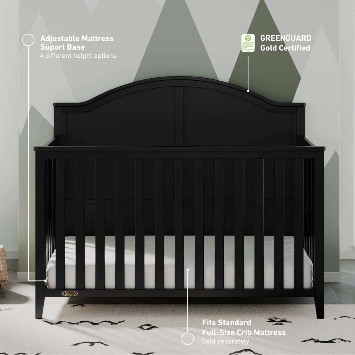 Graco Wilfred 5-in-1 Convertible Crib (Black) – GREENGUARD Gold Certified, Converts to Toddler Bed and Full-Size Bed, Fits Standard Full-Size Crib Mattress, Adjustable Mattress Support Base Graco