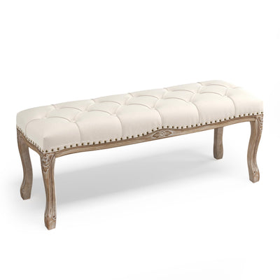 Cozyman Bedroom Bench, French Vintage Tufted Entryway Bench, 45.2" Carving Upholstered End of Bed Bench with Distressed Wood Legs, Linen Ottoman Bench Seat for Living Room, Foyer, Dining Room, Beige