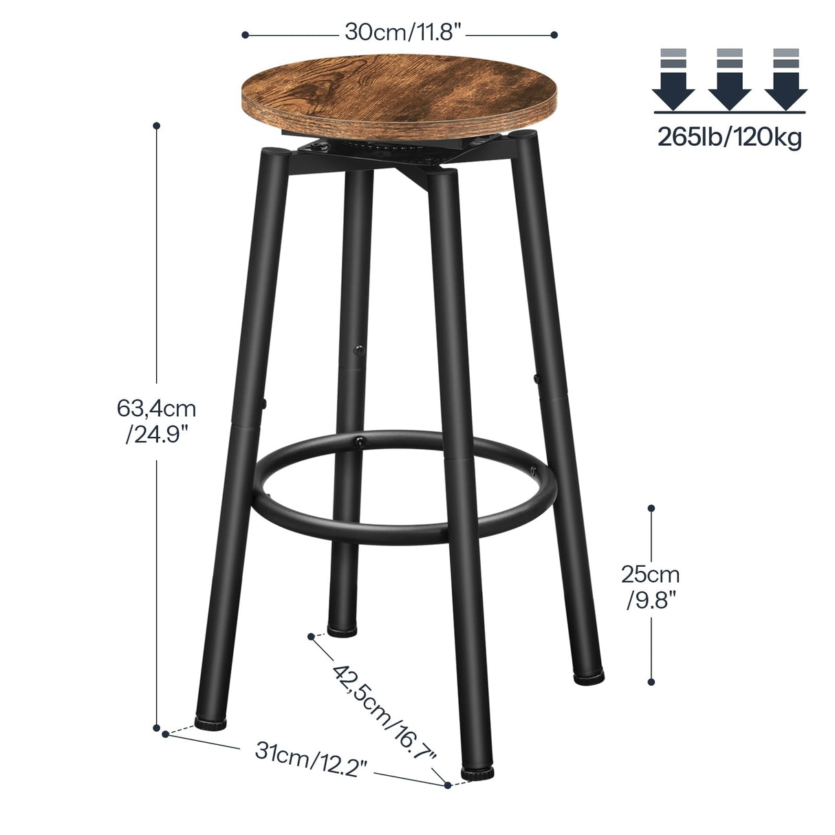 HOOBRO Bar Stools, Swivel Bar Stools Set of 2, 24.9" Round Bar Chairs, Backless Modern Breakfast Chairs, with Adjustable Feet, for Kitchen Islands, Bar, Cafe, Rustic Brown and Black BF24BY01 HOOBRO
