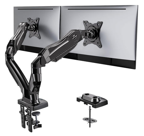 HUANUO Dual Monitor Stand - Full Adjustable Monitor Desk Mount Swivel Vesa Bracket with C Clamp, Grommet Mounting Base for 13 to 32 Inch Computer Screens - Each Arm Holds 4.4 to 19.8lbs HUANUO