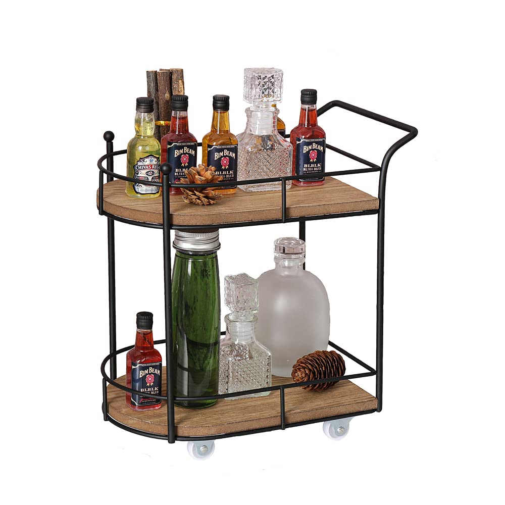 SunArtHome Two-Tier Matte Black Metal Wire/Wood Coffee Bar Cart - Mini Rolling Utility Cart Tiered Tray - for Coffee Bar Table Organizer,Home Kitchen Shelf, Farmhouse Décor SunArtHome