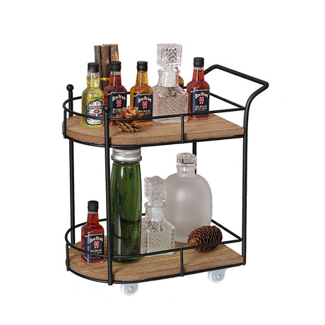 SunArtHome Two-Tier Matte Black Metal Wire/Wood Coffee Bar Cart - Mini Rolling Utility Cart Tiered Tray - for Coffee Bar Table Organizer,Home Kitchen Shelf, Farmhouse Décor SunArtHome