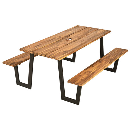 Tangkula Wooden Picnic Table, Outdoor Acacia Wood Picnic Table with 2 Built-in Benches, Umbrella Hole, Steel Frame, Outside Table and Bench Set for Garden, Backyard, Porch, Patio Tangkula