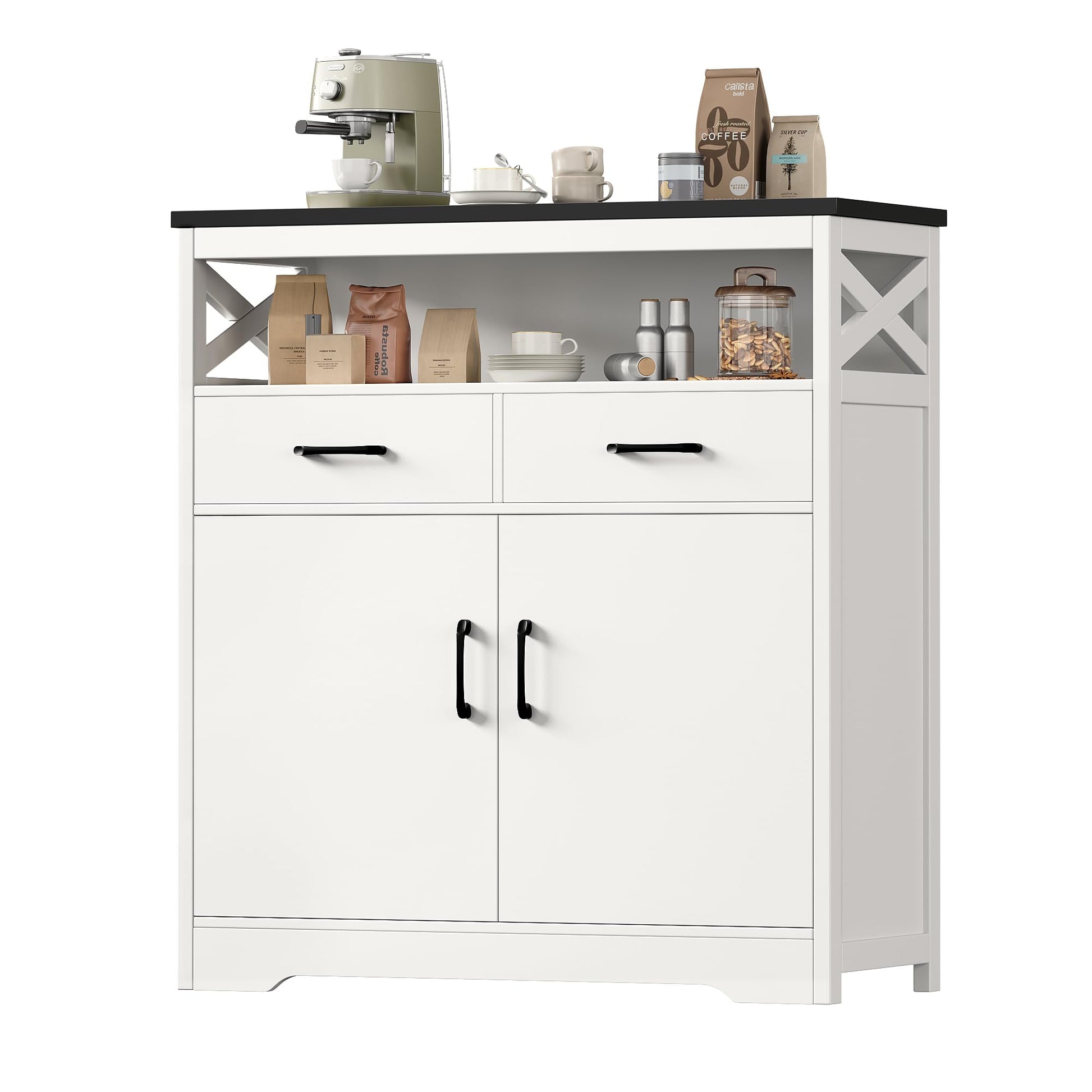 HOSTACK Modern Farmhouse Buffet Sideboard, Kitchen Storage Cabinet with Shelves and Doors, Wood Buffet Cabinet with Drawers, Coffee Bar, Floor Cabinet Cupboard for Living Room, White+Black - WoodArtSupply