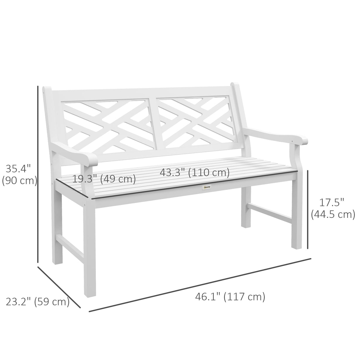 Outsunny Outdoor Garden Bench, Wooden Frame Patio Bench with Geometric Pattern, 43.25 Inch Weatherproof 2-Person Love Seat for Garden, Lawn, Porch, Yard, Work Entryway, White Outsunny