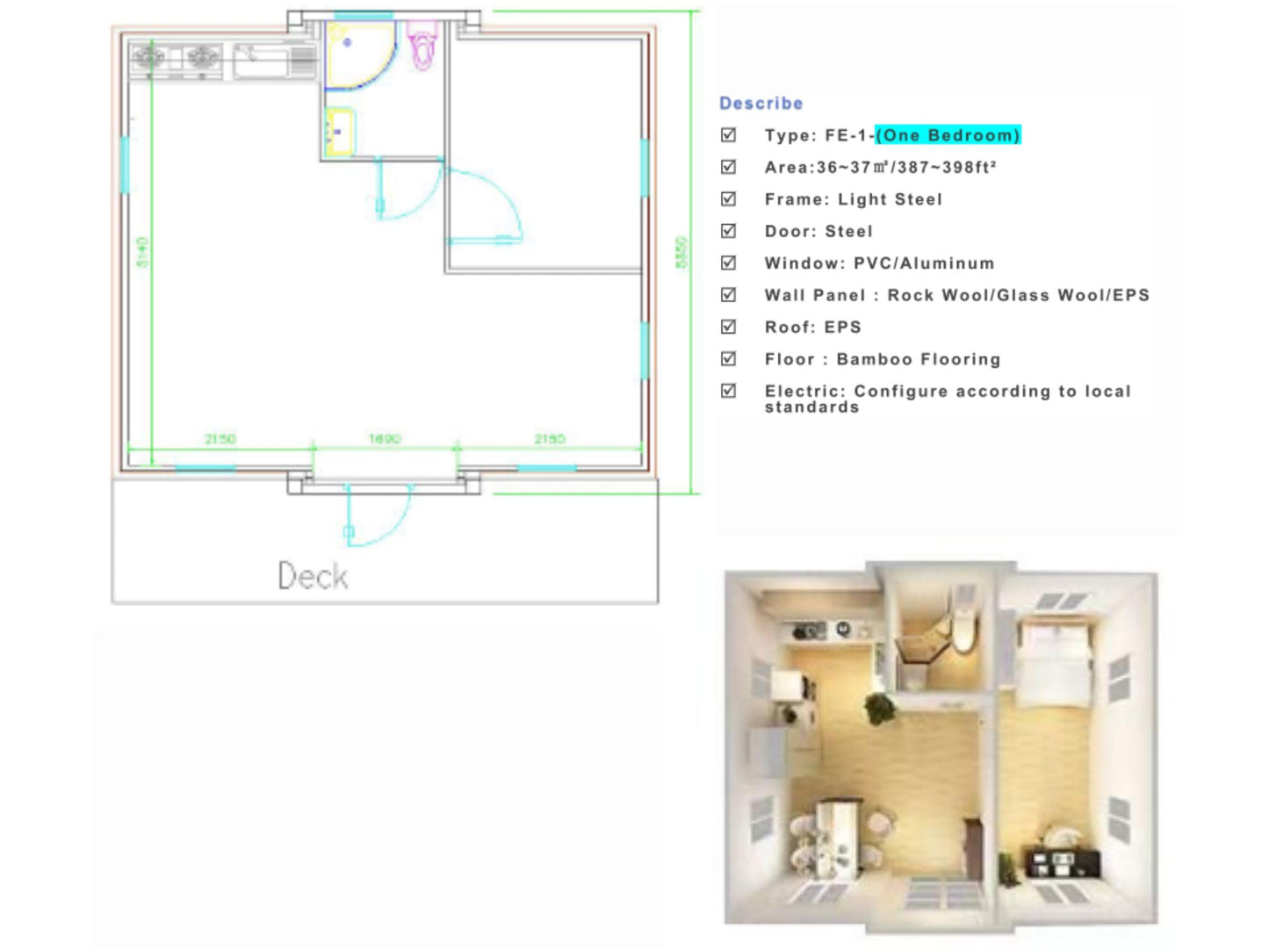 20ft & 20ft Customized Prefabricated Home - Your Space, Your Way Eco-Friendly Modular Home - One or Two Bedrooms