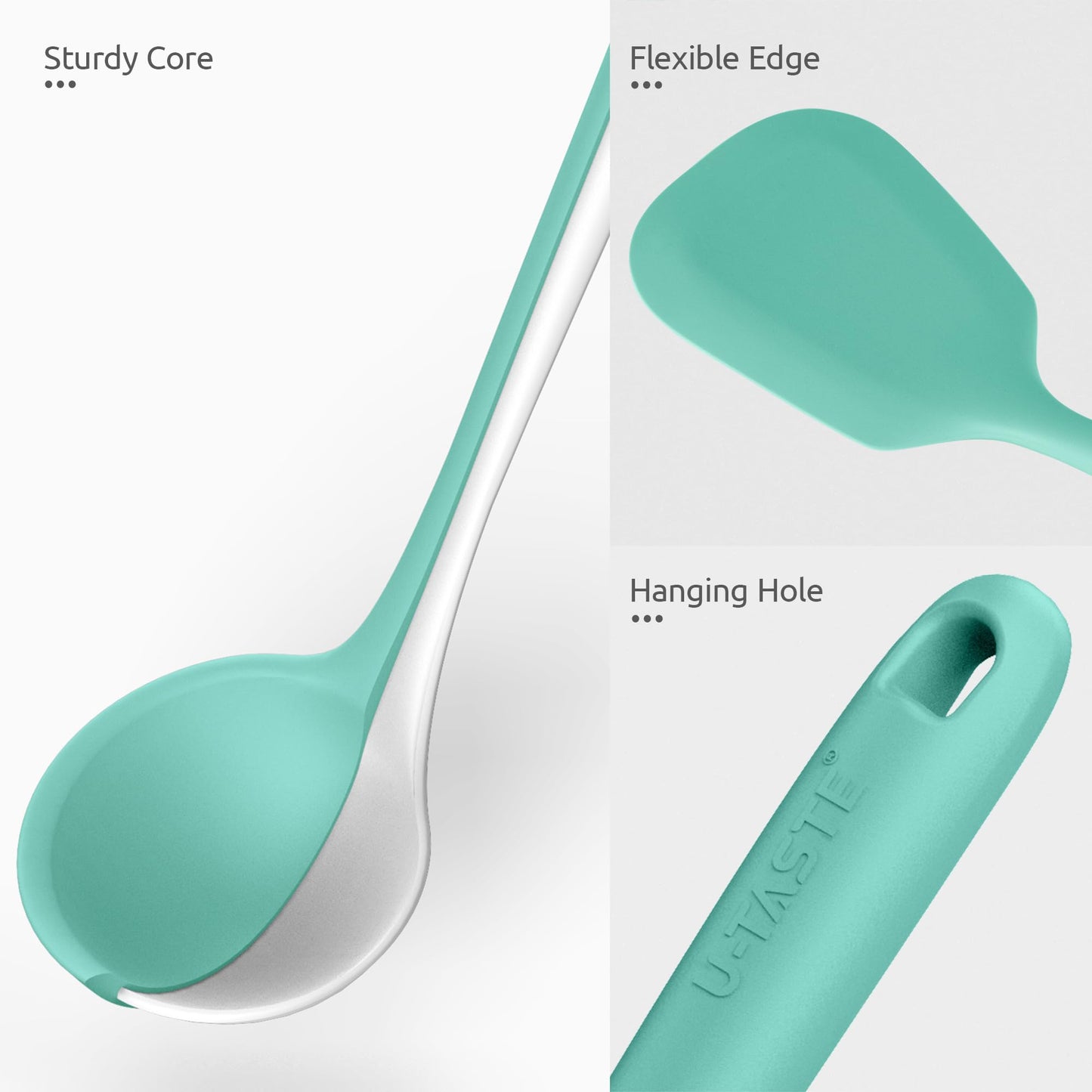 600ºF Heat Resistant Kitchen Utensil: U-Taste 13.6" Extra Long Silicone Cooking Tools Set, Food-Grade Non-Stick Solid and Slotted Turner Spatula, Mixing Spoon, and Soup Ladle (5 Pieces, Aqua Sky)