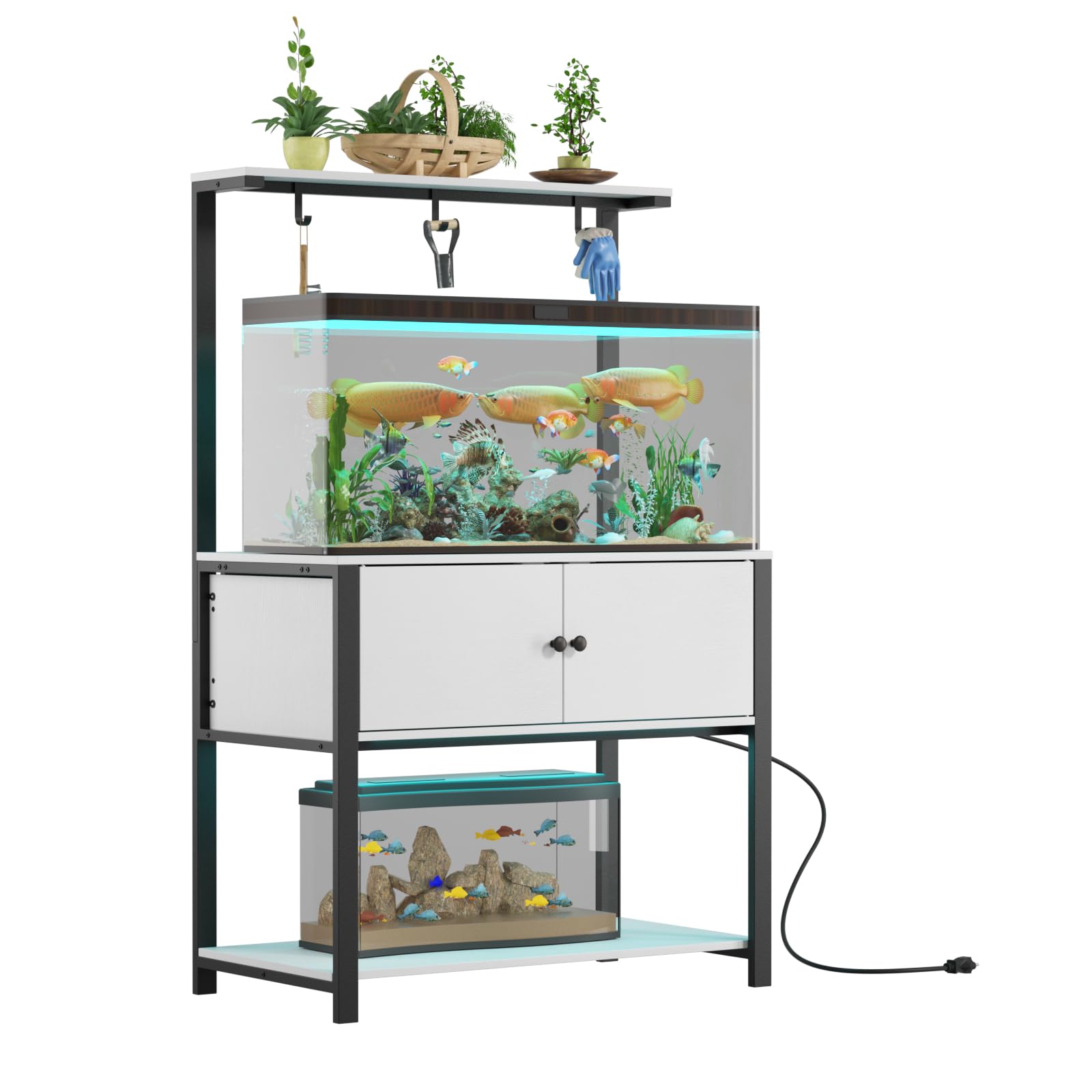 Fienveorn 40-50 Gallon Fish Tank Stand with LED Light Power Outlets,Heavy Duty Metal Aquarium Stand with Storage Shelf and Moveable Hooks,Turtle Reptile Terrariums Stand,White - WoodArtSupply