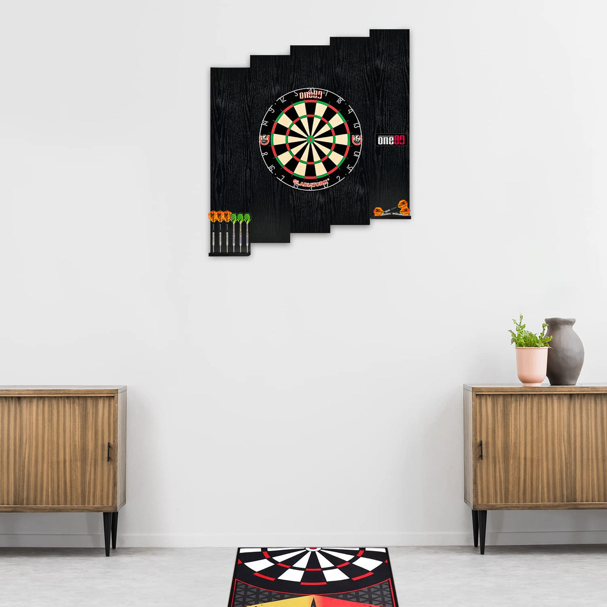 ONE80 Knock-down Dartboard Backboard for A Large Area of Wall Protection Free Combination for Various Set-up Options Wooden Backboard with Black Veins Mounting Kits and Instructions Included Dartboard ONE80